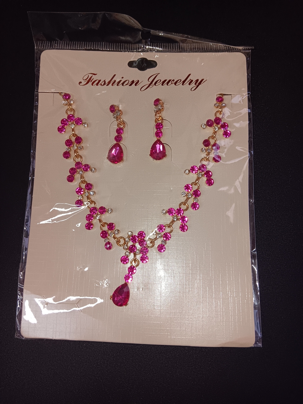 Fashion Jewelry Gold-Tone Necklace and Earrings Set with Pink Stones
